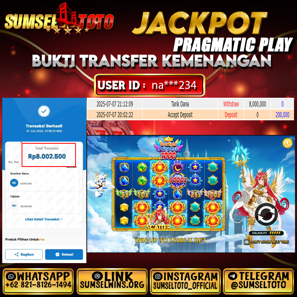 SUMSELTOTO JACKPOT STARLIGHT PRINCESS 1.000 Rp.8.000.000., - LUNAS